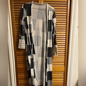 Striped Long Duster Cardigan in Black, Gray & Cream